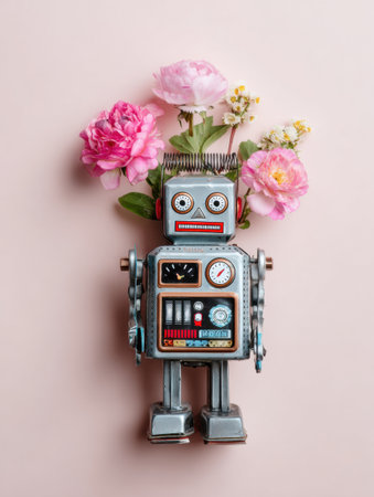 A charming robot toy stands against a soft backdrop of vibrant flowers, blending technology and nature.の素材