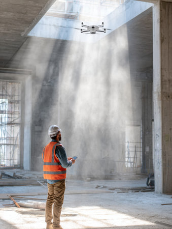 A drone hovers above a construction site as a worker monitors it while standing in a dusty, unfinished area.の素材