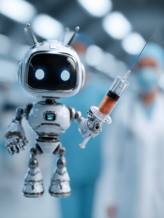 Cute robot with screen face holds a syringe filled with orange liquid.の素材