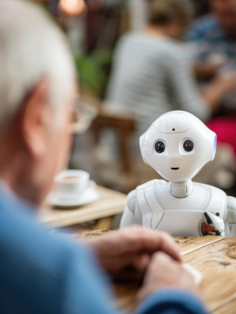 An older man sits at a table talking to a white humanoid robot inside a cafe. Coffee cup and other people in background.の素材