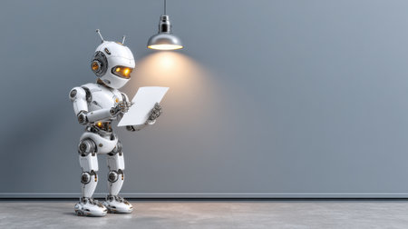 A robot examines a sheet of paper while illuminated by a hanging light in a sleek, modern room with gray walls.の素材