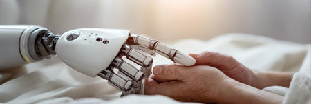 Robot arm gently holds elderly persons hands in a hospital.の素材