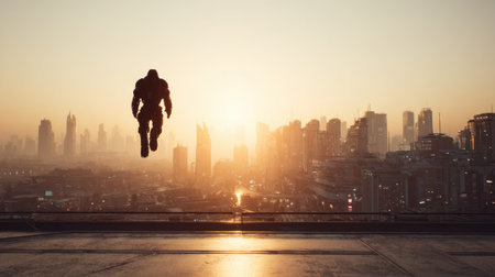 A lone figure hovers in the air over a sprawling urban skyline during sunset, casting a long shadow on the rooftop.の素材