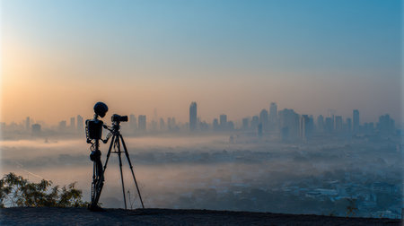 A robot on a hilltop captures a misty citys dawn skyline, softly illuminated by gentle colors.の素材