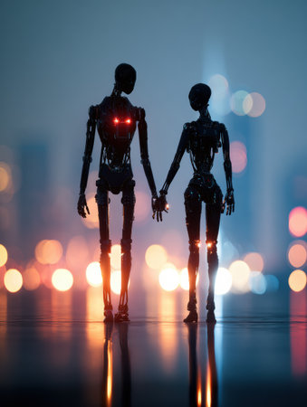 Robot couple walks hand-in-hand at night. Blurred city lights.の素材