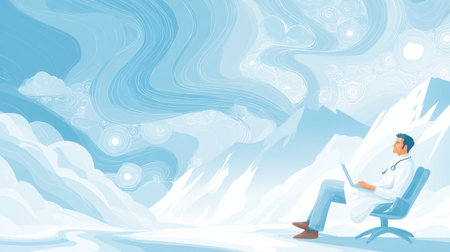 A healthcare pro relaxes on a chair, focused on a laptop in a peaceful snowy setting with drifting clouds.の素材
