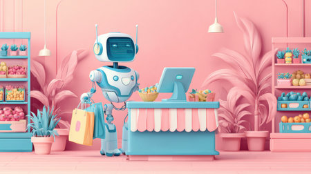A friendly robot with a smile rings up groceries at a pastel store.の素材