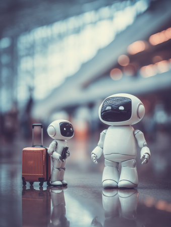 Two small robots with shiny surfaces stand in an airport next terminal to a suitcase, ready for their journey together.の素材