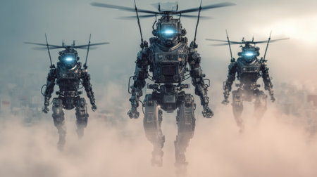 Three armed robots fly over a city. The robots have rotary blades and illuminated sensors.の素材