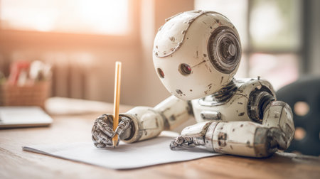 A small robot writes with a pencil at a bright desk, showing the blend of technology and creativity.の素材