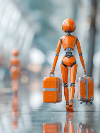 A bright orange robot is seen strolling through a sleek airport, holding two matching suitcases in hand.の素材