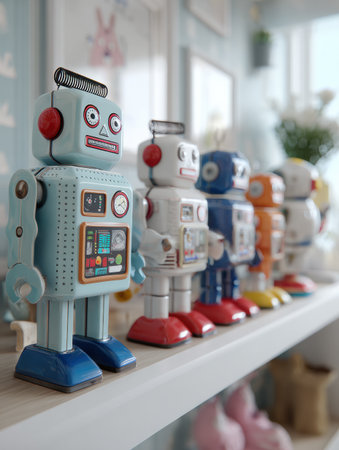 Vintage robots display their unique designs on a shelf in a cheerful, well-lit room filled with decorations.の素材