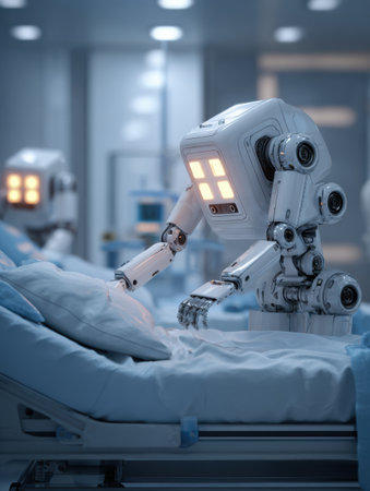 Robot assists a patient in a modern hospital room, showing advanced technology in healthcare during the day.の素材