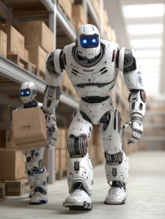 Two robots are transporting boxes in a warehouse, showcasing advanced technology and automation at work.の素材