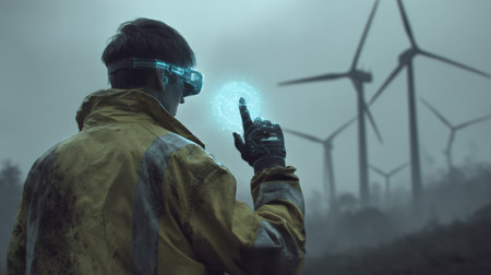Individual in a high-tech outfit uses a holographic interface while standing among wind turbines under a cloudy sky.の素材