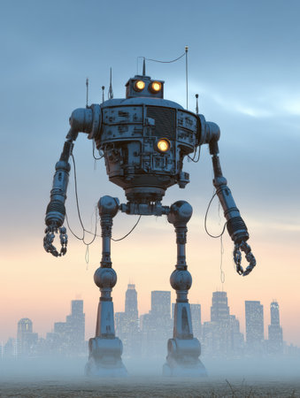 A towering robot looms over a foggy city at dusk, its lights shining brightly against the dimming sky.の素材