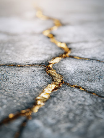 Detailed close-up view of a cracked surface showing golden veins, illustrating the contrast of beauty in decay.の素材