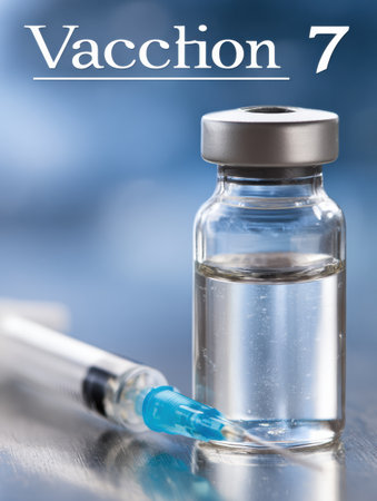 A clear vaccine vial and syringe sit on a polished surface, highlighting public health efforts.の素材
