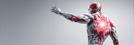 A robotic figure with intricate designs and a glowing core showcases advanced tech as it reaches out with its arm.の素材