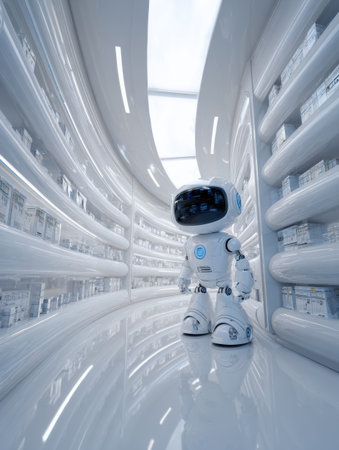 A small robot explores a sleek, modern hallway lined with glowing shelves, showing advanced technology.の素材