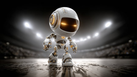 White robot, yellow eyes, arena floor. Spectators blurred behind.の素材
