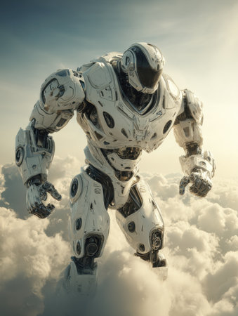 A large white robot stands in fluffy clouds at sunset, showing its advanced design and technology.の素材