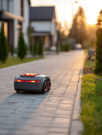 A robotic device moves along a well-maintained pathway in a quiet residential area at sunset, surrounded by greenery.の素材