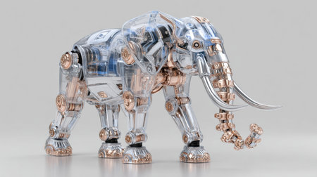 The robotic elephant boasts a clear body and metallic accents, blending modern design and artistry in a creative space.の素材