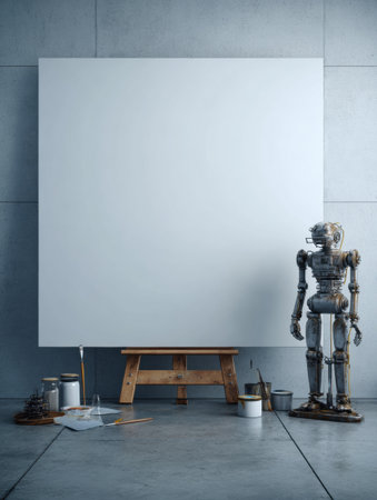 A robot artist prepares to paint on a large blank canvas in a sleek, contemporary studio filled with paint supplies.の素材