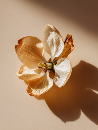 A dried flower rests gently on a soft background, showing its intricate details and muted colors in soft sunlight.の素材