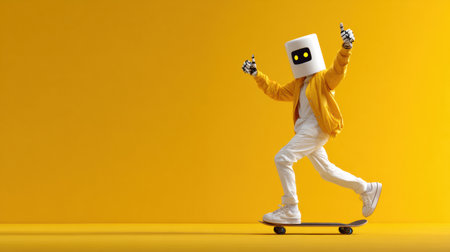 Child rides a skateboard wearing a quirky robot head while giving a thumbs up in a vibrant yellow space.の素材