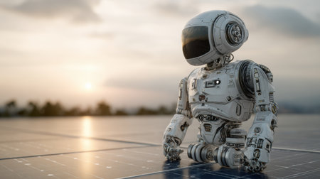 A small robot on solar panels at sunset showcases innovation in renewable energy.の素材