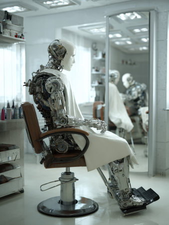 A metallic robot sits in a salon chair, draped in a white cape, while being groomed in a modern interior.の素材