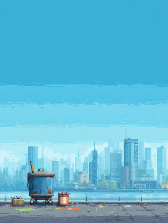 Cityscape featuring trash bins near the water with a skyline in the background under a bright blue skyの素材