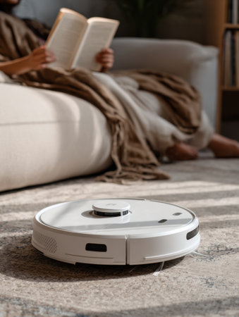 A robot vacuum works on the floor as someone enjoys a book on a couch, creating a relaxed atmosphere in the living room.の素材