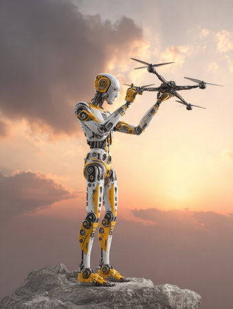 A robot stands on a rocky surface, holding a drone as the sun sets, casting warm light across the sky.の素材