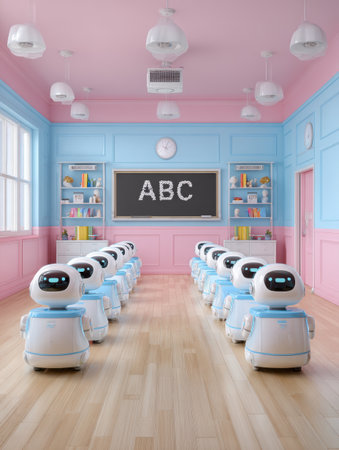 Robots are lined up in a brightly colored classroom, attentively focused on learning letters on a chalkboard.の素材
