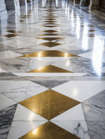 A hallway has an ornate marble floor with gold star designs, highlighting the buildings beautiful architecture.の素材