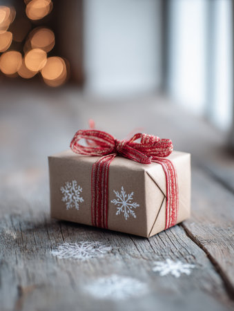 A wrapped present decorated with snowflakes and a red ribbon is placed on a rustic wooden surface.の素材