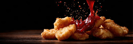 Chicken nuggets are piled on a wood surface. Red sauce pours onto the nuggets, creating a splash effect.の素材