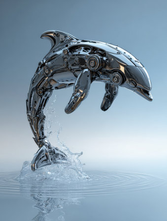 A robotic dolphin jumps out of calm water, sending splashes cascading around it in a futuristic setting.の素材