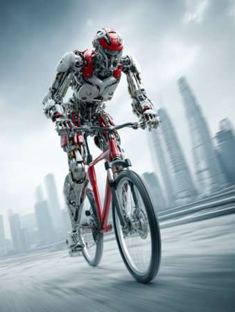 A robotic figure speeds on a bike through a modern city, blending technology and sport among skyscrapers.の素材
