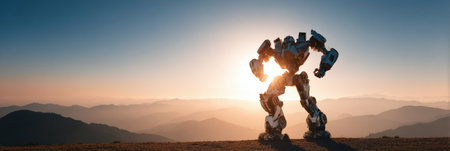 A confident robot stands at sunset, silhouetted against a vast mountain range and a striking sky.の素材