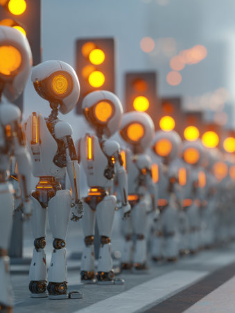 Futuristic robots at an urban intersection create a striking glow in a bustling environment.の素材