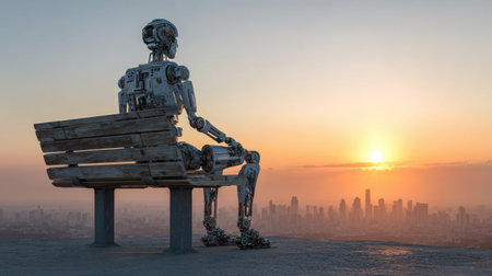 A robot rests on a wooden bench, gazing at the beautiful sunset illuminating a modern city skyline.の素材