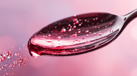 A spoon holds glossy red liquid with bubbles, set against a soft pink background, showing texture and color.の素材