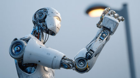 A sleek robot with intricate details stands under a streetlight, showing its design at dusk.の素材