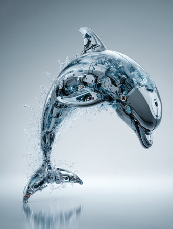 A robotic dolphin leaps from the water, showcasing intricate machinery and sleek metals in a stunning display.の素材