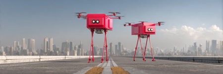 Robotic drones resembling small boxes with legs are seen walking along a city street.の素材