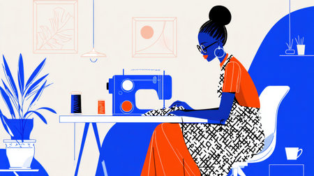 A woman in stylish attire focuses on sewing at her desk, surrounded by plants and art in a vibrant indoor space.の素材